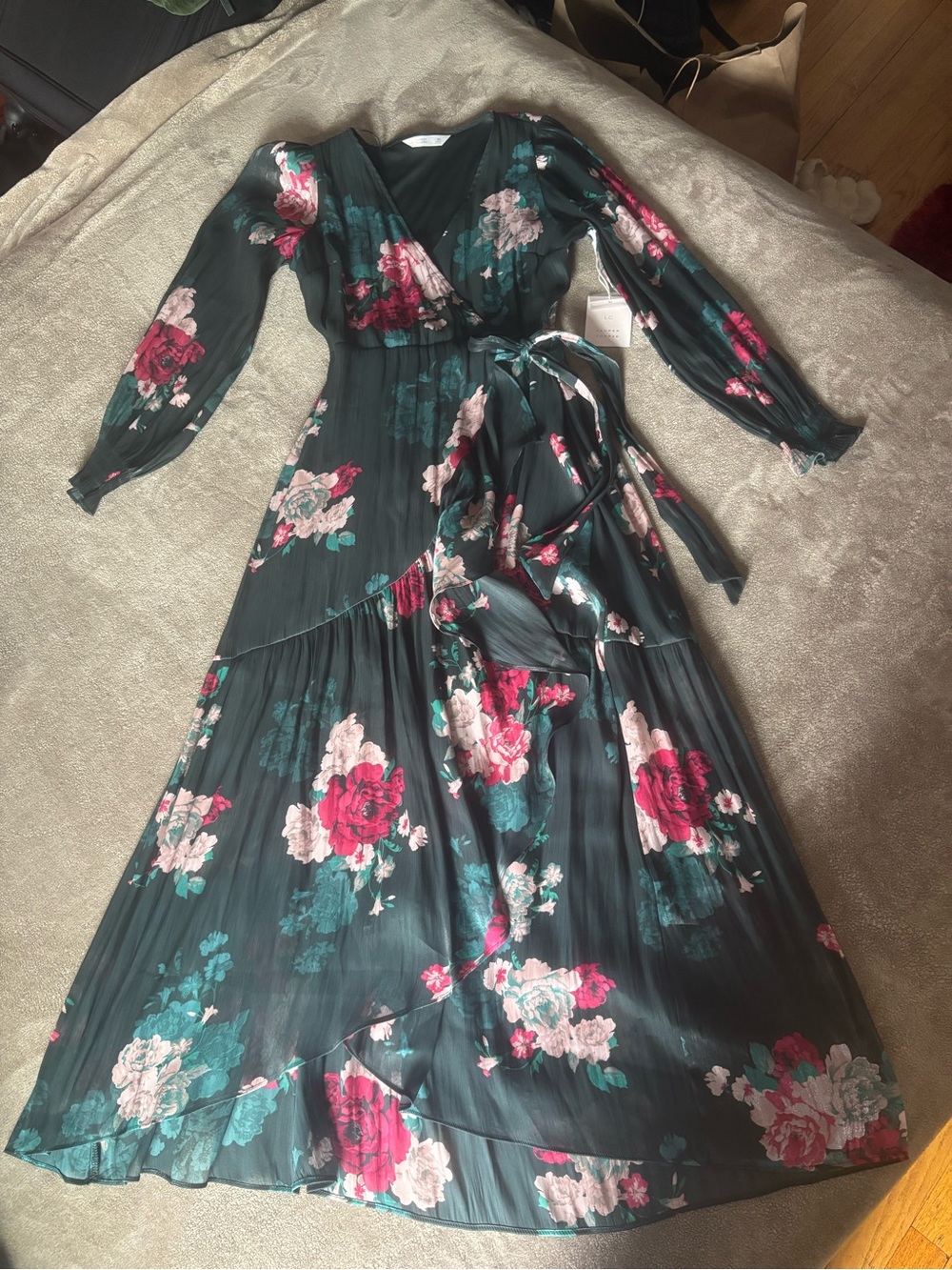 LC Lauren Conrad Teal Floral Wrap Maxi Dress with Pink Blooms